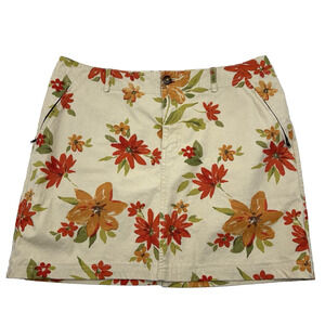 Eddie Bauer Beige Denim Floral Print Mid Rise Zip Pocket Mini Skirt 14 34x16"